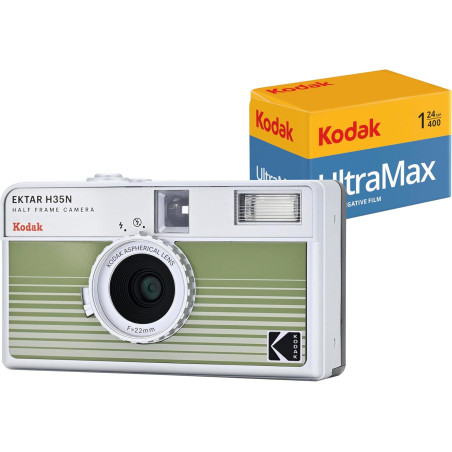 Kodak EKTAR H35N Pack Appareil Photo Demi-Cadre avec Film Kodak Ultramax 400/24EXP 35 mm (Rayures Vertes)