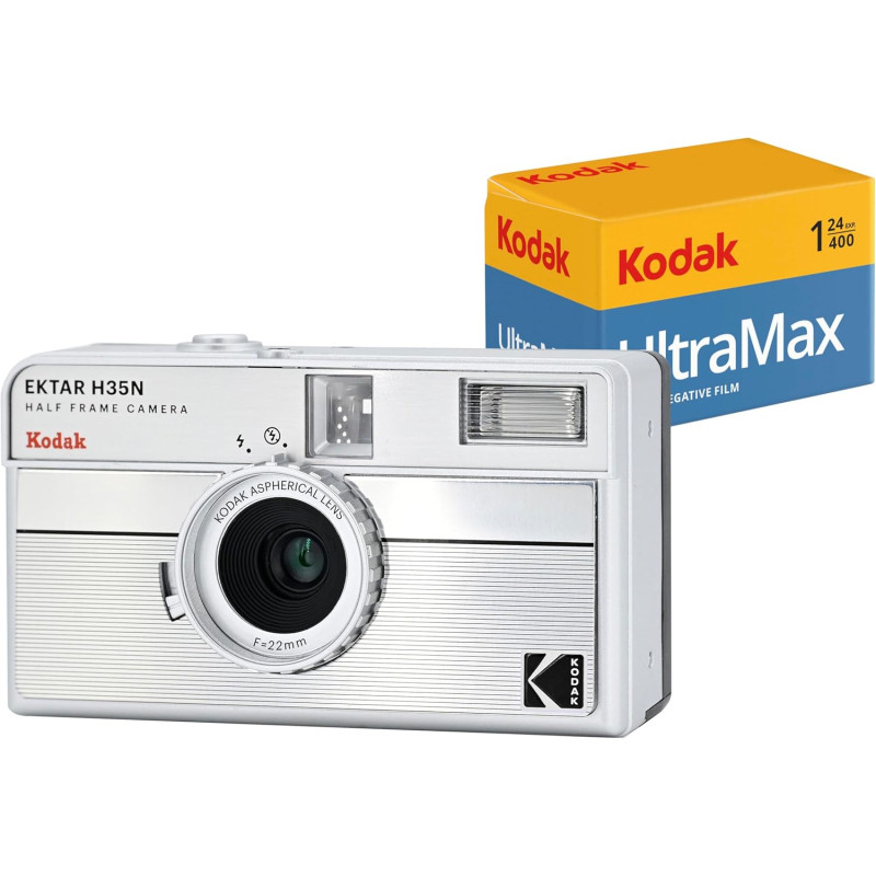 Kodak EKTAR H35N - Pack Appareil Photo Demi-Cadre avec Film Kodak Ultramax 400/24EXP 35 mm (Rayures argentées)