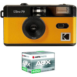 Kodak Pack F9 Argentique + Pellicule 400 ASA - Appareil Photo Rechargeable 35mm Jaune, Objectif Grand Angle Fixe, Viseur Optique