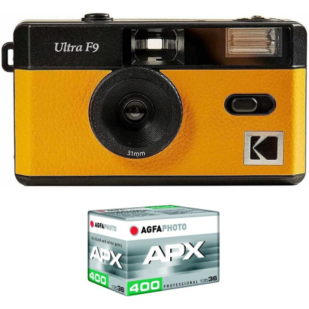 Kodak Pack F9 Argentique + Pellicule 400 ASA - Appareil Photo Rechargeable 35mm Jaune, Objectif Grand Angle Fixe, Viseur Optique