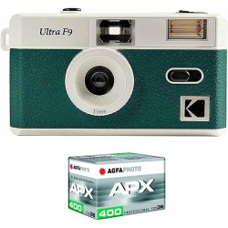 Kodak Pack F9 Argentique + Pellicule 100 ASA - Appareil Photo Rechargeable 35mm Vert, Objectif Grand Angle Fixe, Viseur Optique,