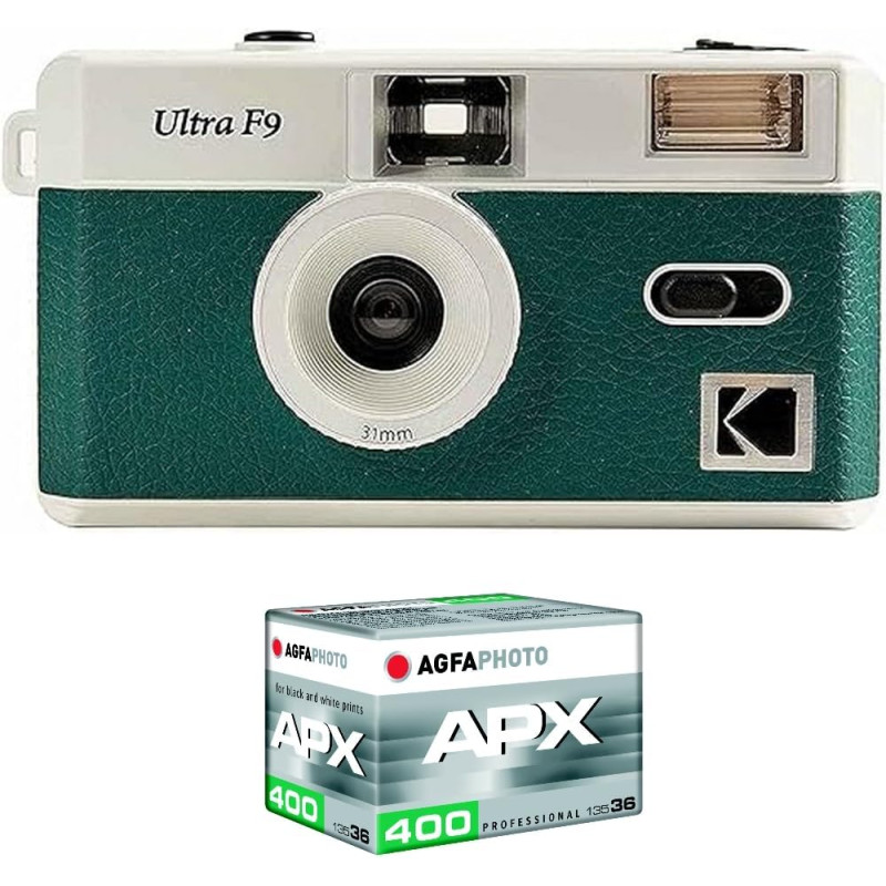 Kodak Pack F9 Argentique + Pellicule 100 ASA - Appareil Photo Rechargeable 35mm Vert, Objectif Grand Angle Fixe, Viseur Optique,
