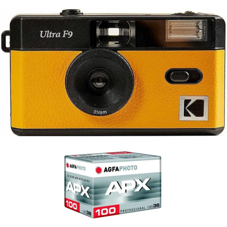 Kodak Pack F9 Argentique + Pellicule 100 ASA - Appareil Photo Rechargeable 35mm Jaune, Objectif Grand Angle Fixe, Viseur Optique