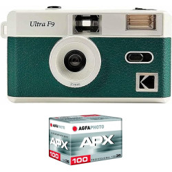 Kodak Pack F9 Argentique + Pellicule 100 ASA - Appareil Photo Rechargeable 35mm Vert, Objectif Grand Angle Fixe, Viseur Optique,