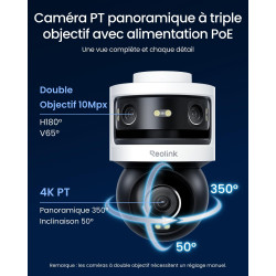 Reolink Camera Exterieur Filaire 10Mpx + 8Mpx à Triple Objectif, Caméra PoE avec Suivi-Synchro, Recherche Vidéo IA, Vision Noctu