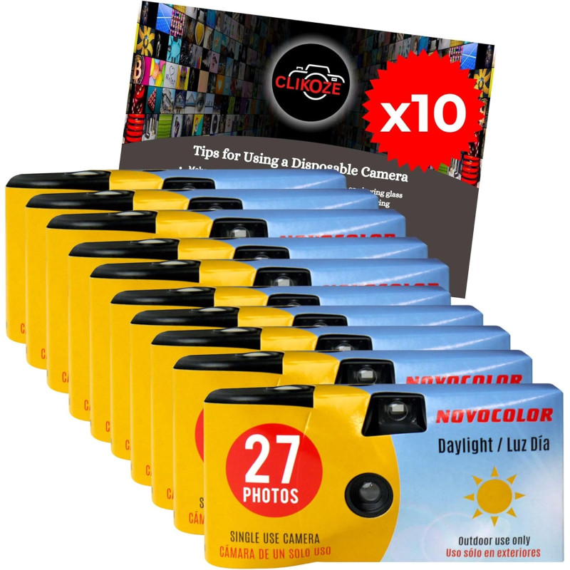 Lot de 10 appareils photo jetables avec appareil photo Novocolor lumière du jour à usage unique 27 poses et carte de conseils po