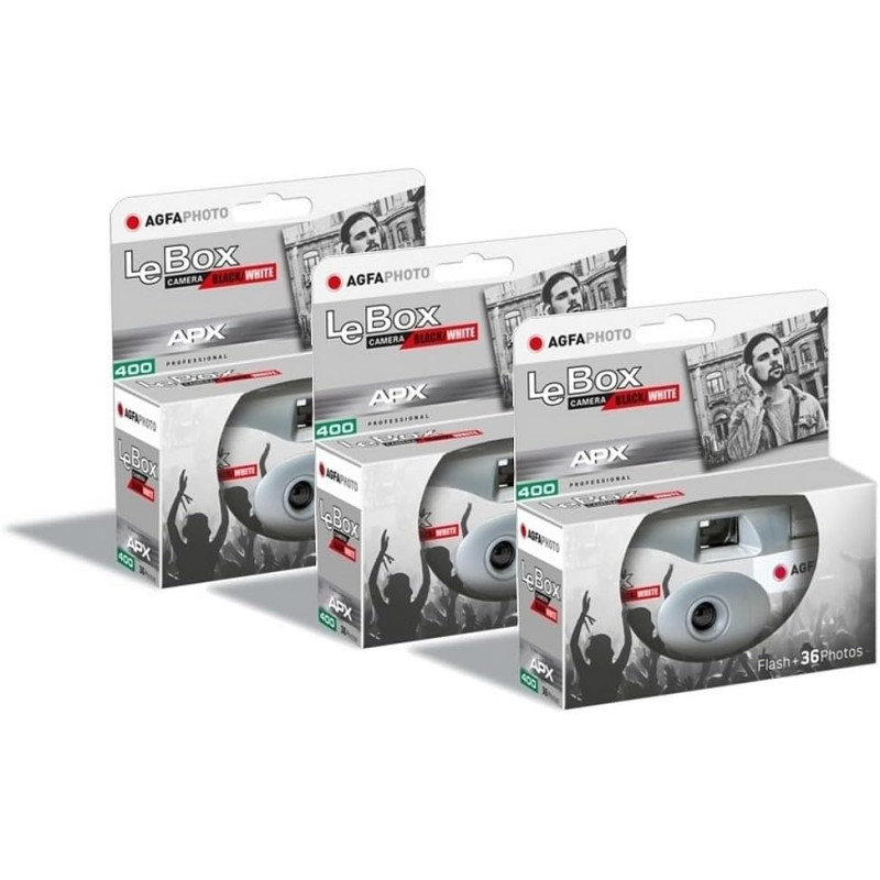 Agfaphoto pack 3 x 601026 - appareil photo jetable lebox noir&white, 27 photos, objectif optique 31 mm - gris