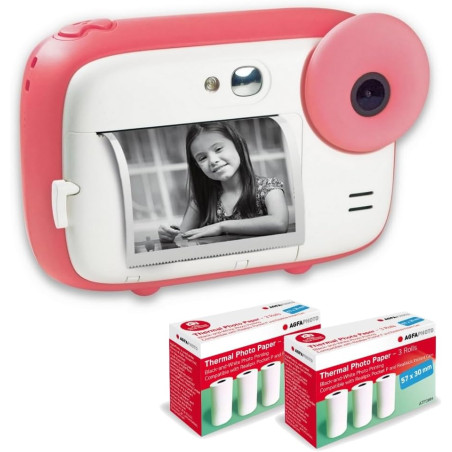 AGFA Photo Pack Realikids Instant Cam + 6 Rouleaux Papier Thermique ATP3WH supplémentaires - Appareil Photo Instantané Enfant, E