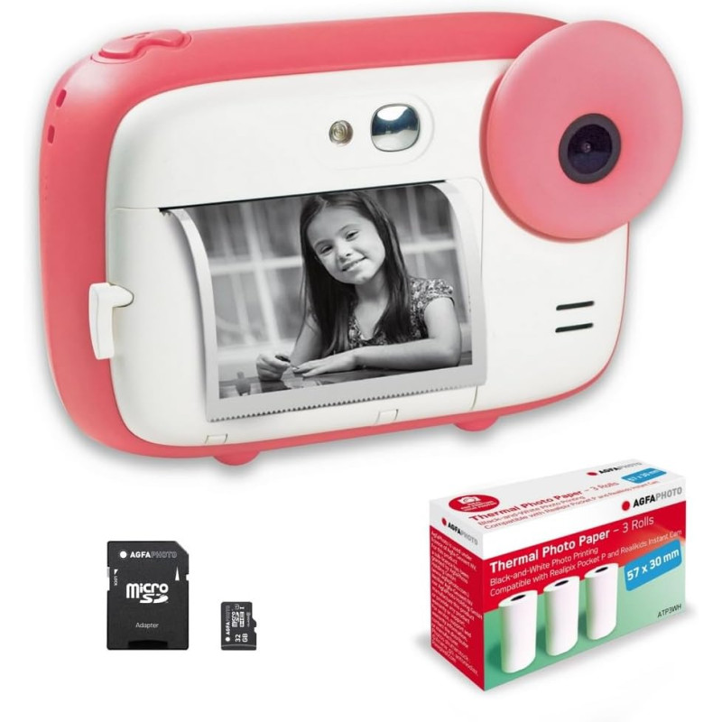 AgfaPhoto Pack Realikids Instant Cam + 1 Carte Micro SD 32GB + 3 Rouleaux Papier Thermique ATP3WH - Appareil Photo Instantané En