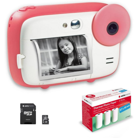 AgfaPhoto Pack Realikids Instant Cam + 1 Carte Micro SD 32GB + 3 Rouleaux Papier Thermique ATP3WH - Appareil Photo Instantané En
