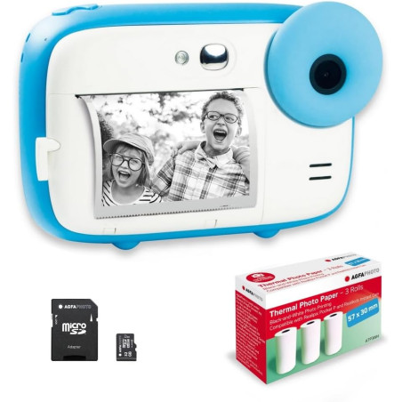 AgfaPhoto Pack Realikids Instant Cam + 1 Carte Micro SD 32GB + 3 Rouleaux Papier Thermique ATP3WH - Appareil Photo Instantané En