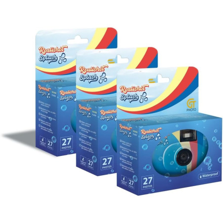 GT PHOTO GT27WP Realishot Splash - Pack de 3 Appareils Photo Jetables Étanches, 27 Photos, 35mm, 4K Ultra HD, Waterproof - Bleu