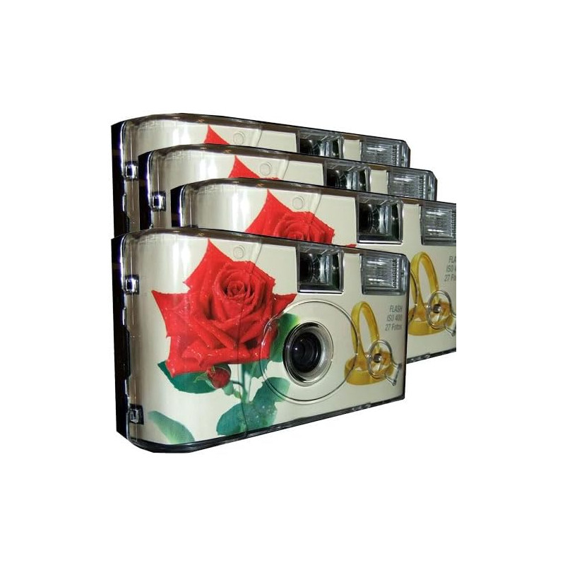 Lot de 4 appareils photo jetables 1A PORST Edition Rose & anneaux, avec flash, piles et film (lot de 4, 27 prises chacune)