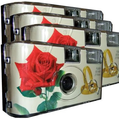 Lot de 4 appareils photo jetables 1A PORST Edition Rose & anneaux, avec flash, piles et film (lot de 4, 27 prises chacune)