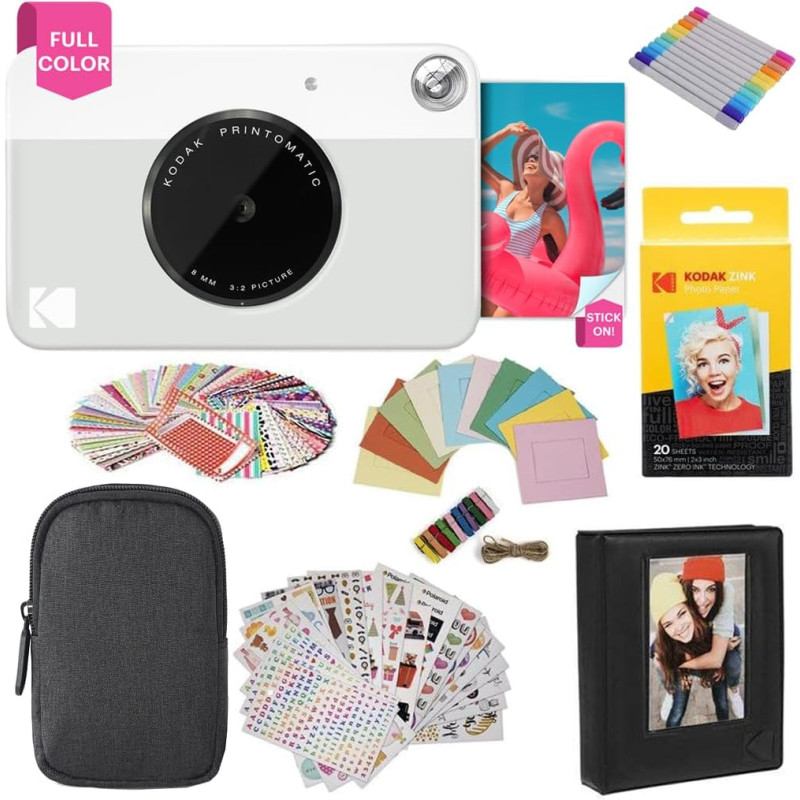 Kodak printomatic instant camera (gris) gift bundle + zink paper (20 sheets) + deluxe case + 7 fun sticker sets + twin tip marke