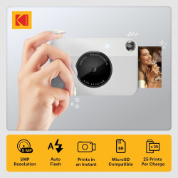 Kodak printomatic instant camera (gris) gift bundle + zink paper (20 sheets) + deluxe case + 7 fun sticker sets + twin tip marke