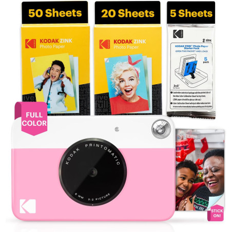 Kodak Printomatic Caméra Instantanée Full-Color – Pack 75 Feuilles – Photo Zink 2x3 – Rose