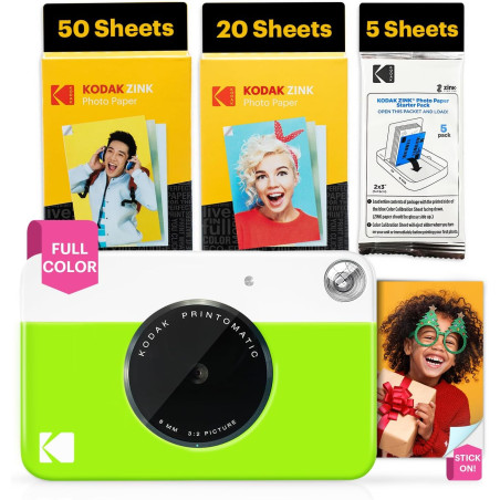 Kodak Printomatic Caméra Instantanée Full-Color – Pack 75 Feuilles – Photo Zink 2x3 – Vert