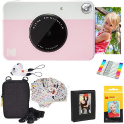 Kodak printomatic instant camera (rose) gift bundle + zink paper (20 sheets) + deluxe case + 7 fun sticker sets + twin tip marke