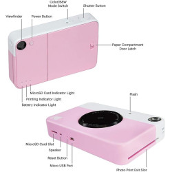 Kodak printomatic instant camera (rose) gift bundle + zink paper (20 sheets) + deluxe case + 7 fun sticker sets + twin tip marke