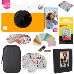 Kodak printomatic instant camera (jaune) gift bundle + zink paper (20 sheets) + deluxe case + 7 fun sticker sets + twin tip mark