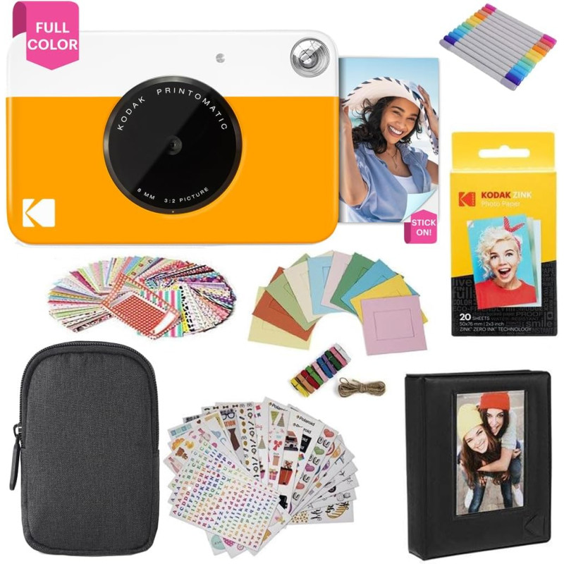 Kodak printomatic instant camera (jaune) gift bundle + zink paper (20 sheets) + deluxe case + 7 fun sticker sets + twin tip mark
