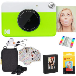 Kodak printomatic instant camera (vert) gift bundle + zink paper (20 sheets) + deluxe case + 7 fun sticker sets + twin tip marke
