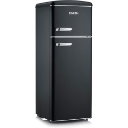 SEVERIN Réfrigérateur Congélateur 2 portes, Pose libre, Longueur 55cm, 206L, Classe E, Veggibox incluse, Rétro, Noir mat, RKG 89