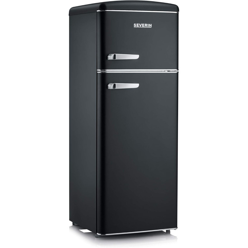 SEVERIN Réfrigérateur Congélateur 2 portes, Pose libre, Longueur 55cm, 206L, Classe E, Veggibox incluse, Rétro, Noir mat, RKG 89