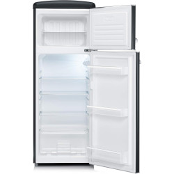 SEVERIN Réfrigérateur Congélateur 2 portes, Pose libre, Longueur 55cm, 206L, Classe E, Veggibox incluse, Rétro, Noir mat, RKG 89