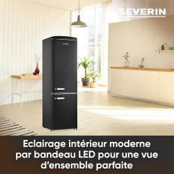 SEVERIN Réfrigérateur Congélateur combiné, Pose libre, Longueur 55 cm, 244 L, Classe D, Combiné Réfrigérateur design Rétro, Noir