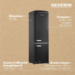 SEVERIN Réfrigérateur Congélateur combiné, Pose libre, Longueur 55 cm, 244 L, Classe D, Combiné Réfrigérateur design Rétro, Noir