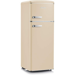 SEVERIN Réfrigérateur Congélateur 2 portes, Pose libre, Largeur 55 cm, 206L, Classe E, Veggibox incluse, Rétro, Crème, RKG 8933