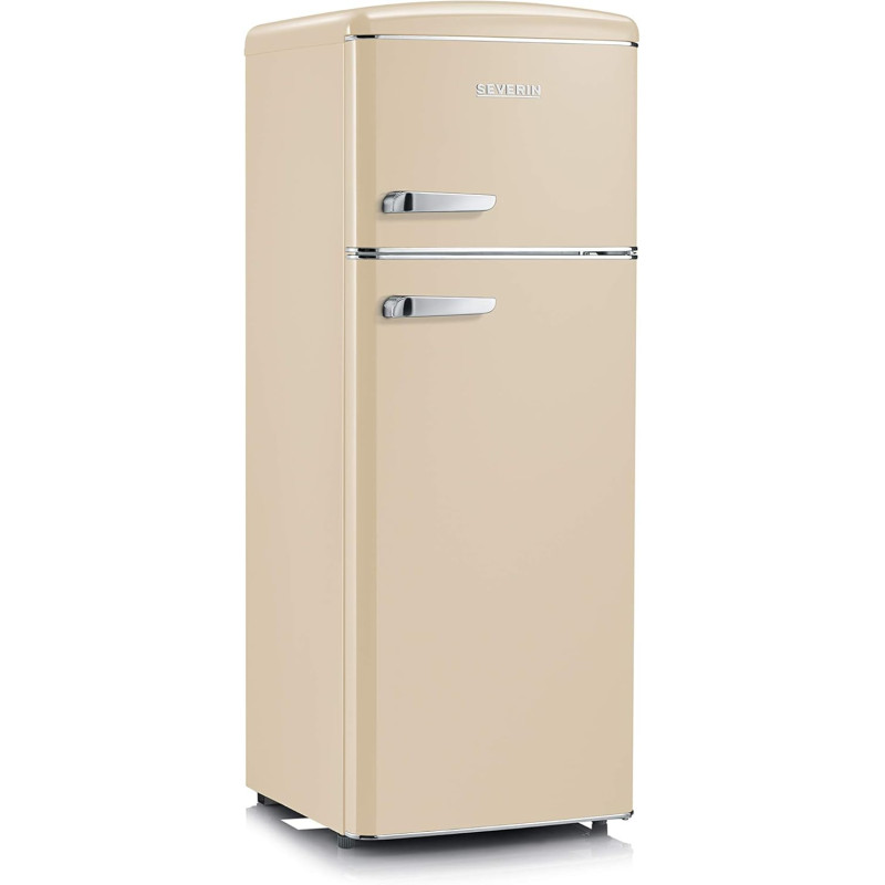 SEVERIN Réfrigérateur Congélateur 2 portes, Pose libre, Largeur 55 cm, 206L, Classe E, Veggibox incluse, Rétro, Crème, RKG 8933