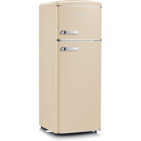 SEVERIN Réfrigérateur Congélateur 2 portes, Pose libre, Largeur 55 cm, 206L, Classe E, Veggibox incluse, Rétro, Crème, RKG 8933