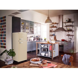 SEVERIN Réfrigérateur Congélateur 2 portes, Pose libre, Largeur 55 cm, 206L, Classe E, Veggibox incluse, Rétro, Crème, RKG 8933