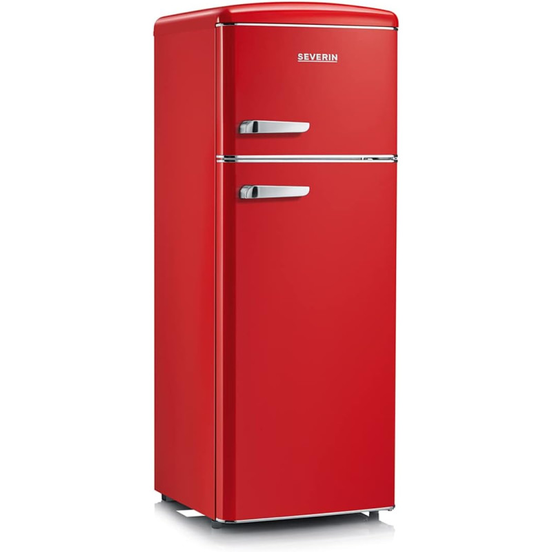 SEVERIN Réfrigérateur Congélateur 2 portes, Pose libre, Largeur 55 cm, 206L, Classe E, Veggibox incluse, Rétro, Rouge, RKG 8930