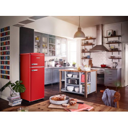 SEVERIN Réfrigérateur Congélateur 2 portes, Pose libre, Largeur 55 cm, 206L, Classe E, Veggibox incluse, Rétro, Rouge, RKG 8930