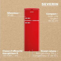 SEVERIN Réfrigérateur Congélateur 2 portes, Pose libre, Réfrigérateur Double Porte avec Congélateur Largeur 55 cm, 246 L, Classe