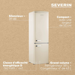 SEVERIN Réfrigérateur Congélateur combiné, Pose libre, Longueur 55 cm, 244 L, Classe D, Combiné Réfrigérateur design Rétro, Crèm