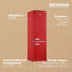 SEVERIN Réfrigérateur Congélateur combiné, Pose libre, Longueur 55 cm, 244 L, Classe D, Combiné Réfrigérateur design Rétro, Roug