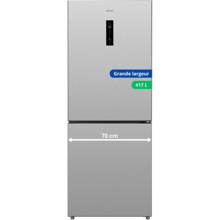 GEDTECH Réfrigérateur combiné GCB417NFIX 417L Grande largeur 70cm - congélateur bas - No Frost - Inox