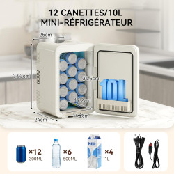 Yourlite mini frigo de chambre 10l,mini réfrigérateur portable,fonction chaud froid,silencieux,étagères réglables,ac/dc,12v 240v