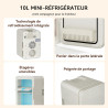 Yourlite mini frigo de chambre 10l,mini réfrigérateur portable,fonction chaud froid,silencieux,étagères réglables,ac/dc,12v 240v
