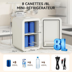 Yourlite mini frigo de chambre 8l,mini réfrigérateur portable,fonction chaud froid,silencieux,étagères réglables,ac/dc,12v 240v,