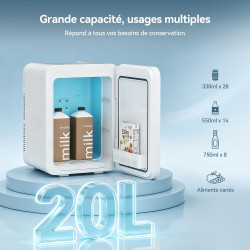 YOURLITE Mini Frigo de Chambre 20L,Mini Réfrigérateur Portable,Fonction Chaud Froid,Silencieux,Étagères Réglables,AC/DC,12V 240V