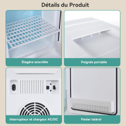 YOURLITE Mini Frigo de Chambre 20L,Mini Réfrigérateur Portable,Fonction Chaud Froid,Silencieux,Étagères Réglables,AC/DC,12V 240V