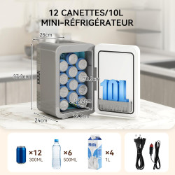 YOURLITE Mini Frigo de Chambre 10L,Mini Réfrigérateur Portable,Fonction Chaud Froid,Silencieux,Étagères Réglables,AC/DC,12V 240V