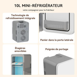 YOURLITE Mini Frigo de Chambre 10L,Mini Réfrigérateur Portable,Fonction Chaud Froid,Silencieux,Étagères Réglables,AC/DC,12V 240V