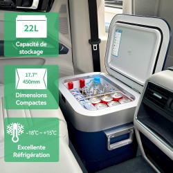 BINGI Glacière Electrique Voiture 22L Silencieuse (≤45dB) Réfrigérateur de Voiture à Compression -18°C à +15°C, 12V/24V/220V, Po